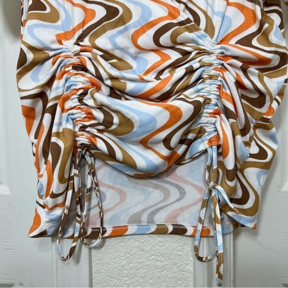 Funky Retro 70’s Top White Blue Brown Orange Geo Stripes Ribbed Short Sleeve XL - Picture 3 of 10